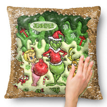 Load image into Gallery viewer, Personalized Sequin Pillow Cover with Grinch Design for Christmas Gift
