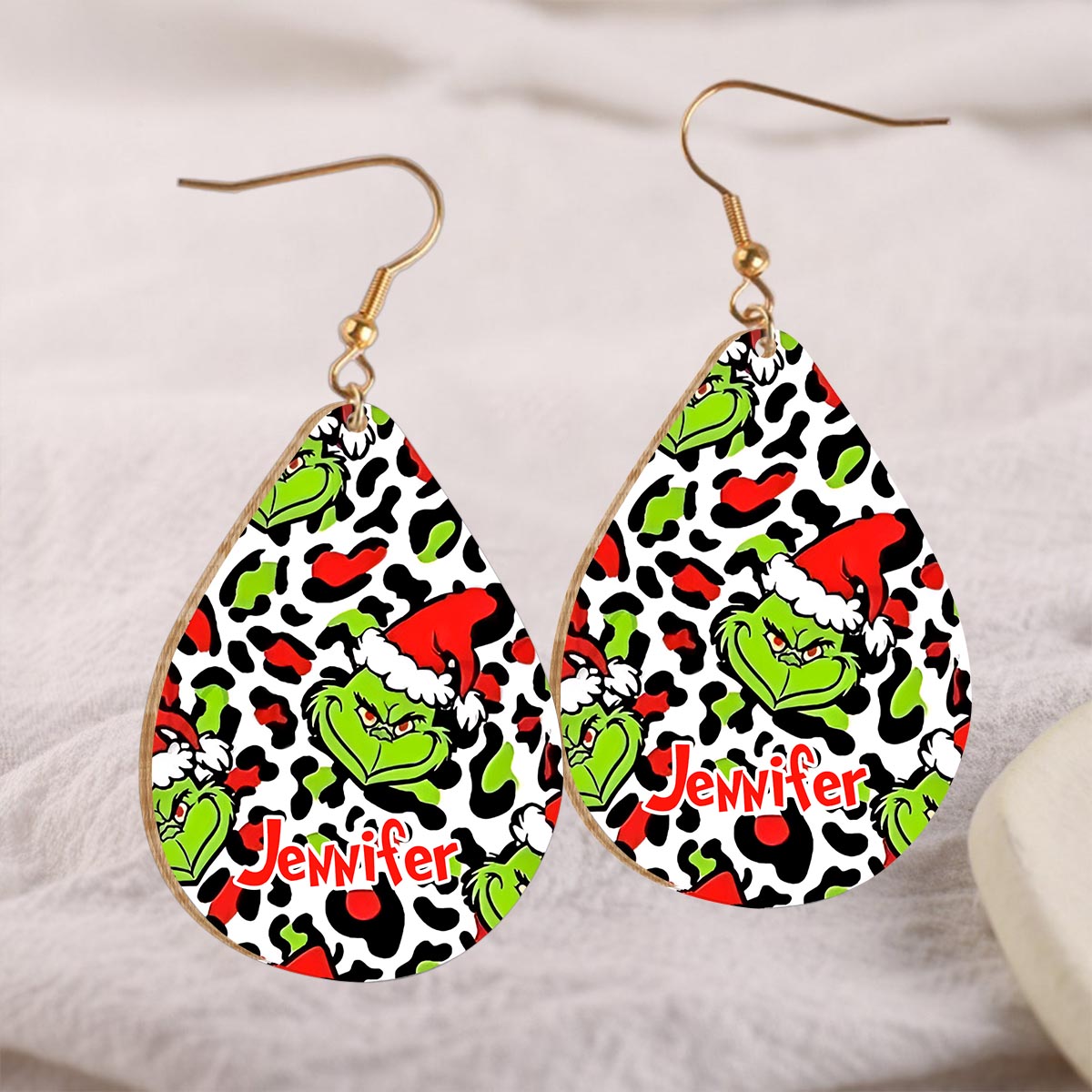 Personalized Grinch Wooden Earrings Custom Name Gift for Christmas