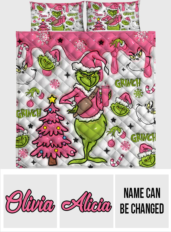 Personalized Grinch Christmas Quilt Set with Pillow Covers