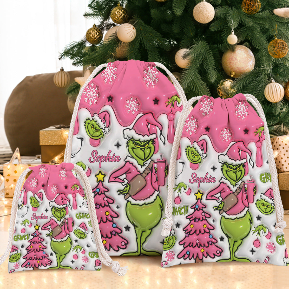 Personalized Grinch Drawstring Tote Bag Custom Name Christmas Gift