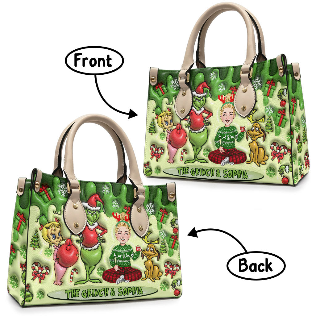 Personalized Grinch Theme Leather Handbag for Christmas Gift