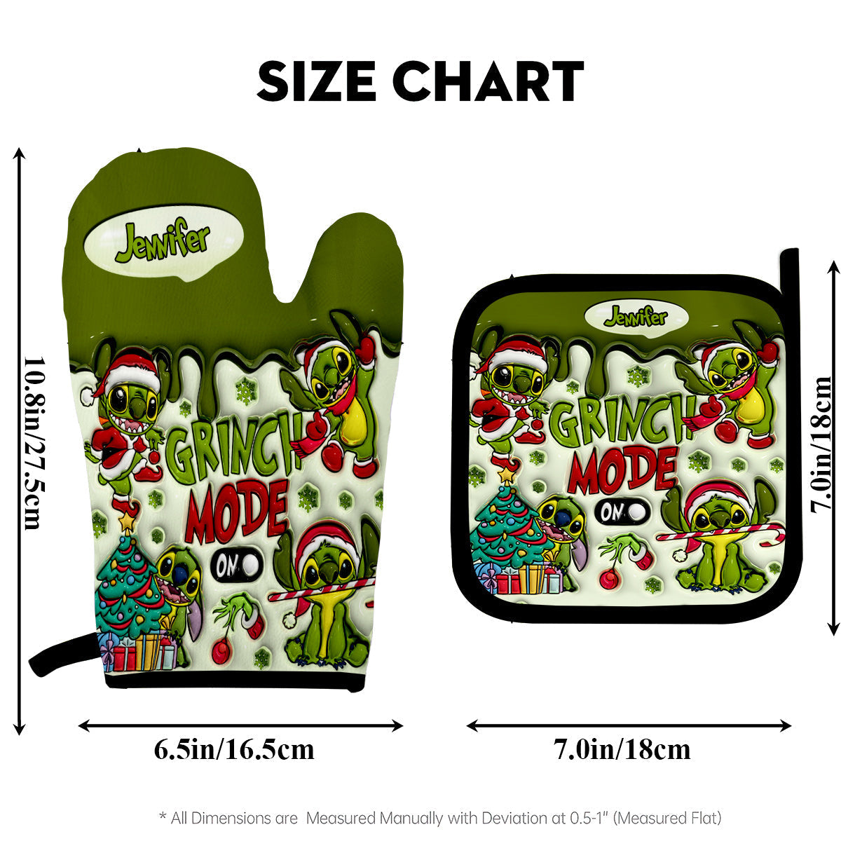 Personalized Grinch Mode Oven Mitts & Pot Holder Set for Christmas