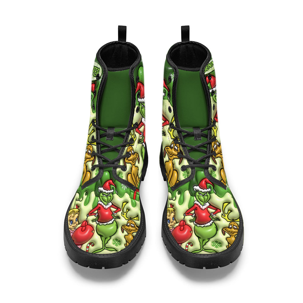Personalized Grinch Leather Boots Custom Name Holiday Gift