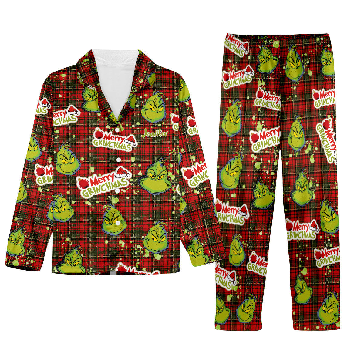Personalized Merry Grinchmas Button Down Pajamas for Couples