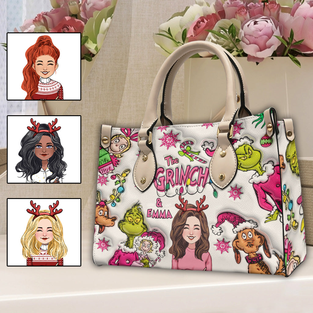 Personalized Grinch Leather Handbag Custom Name Christmas Gift