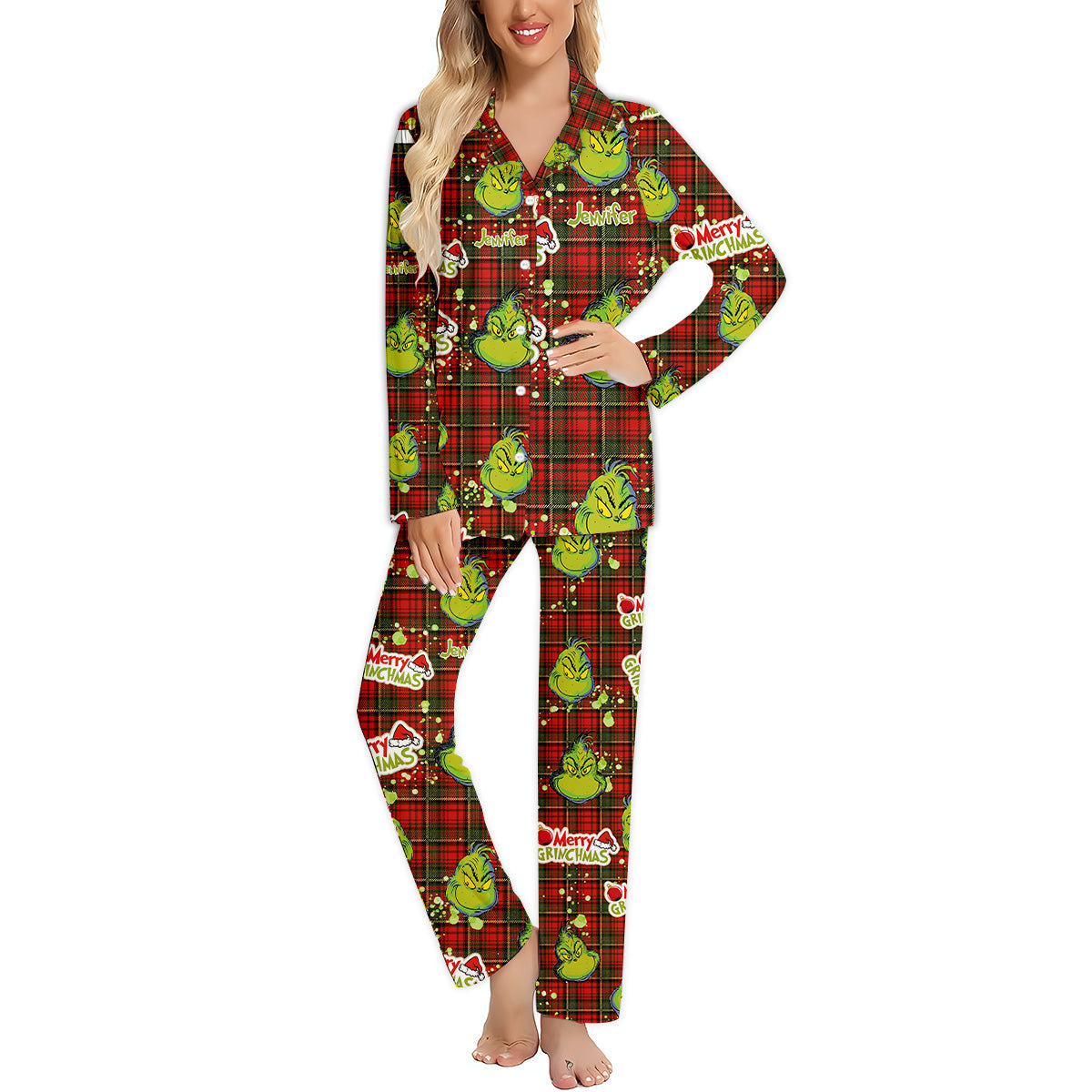 Personalized Merry Grinchmas Button Down Pajamas for Couples