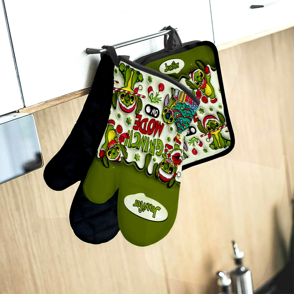 Personalized Grinch Mode Oven Mitts & Pot Holder Set for Christmas