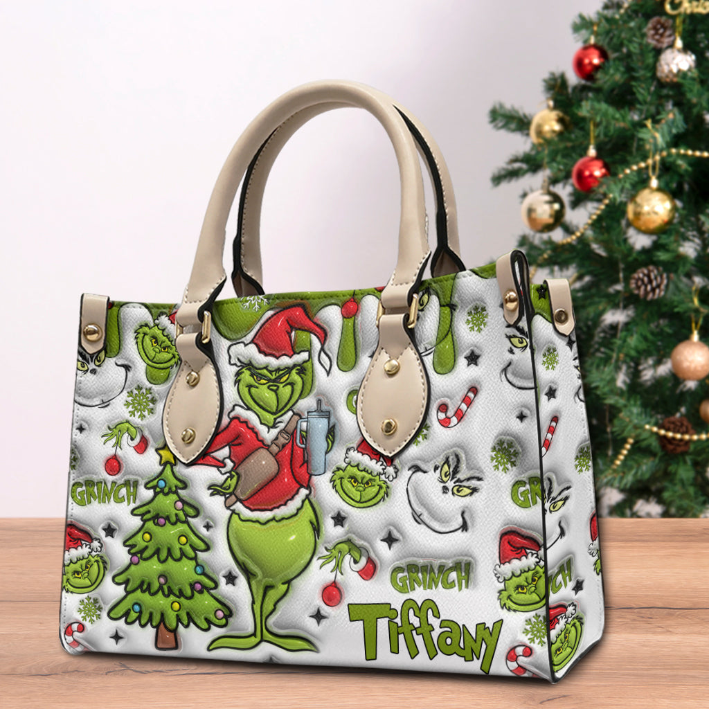 Personalized Merry Grinchmas Leather Handbag Gift for Women