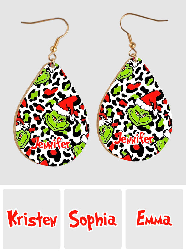 Personalized Grinch Wooden Earrings Custom Name Gift for Christmas