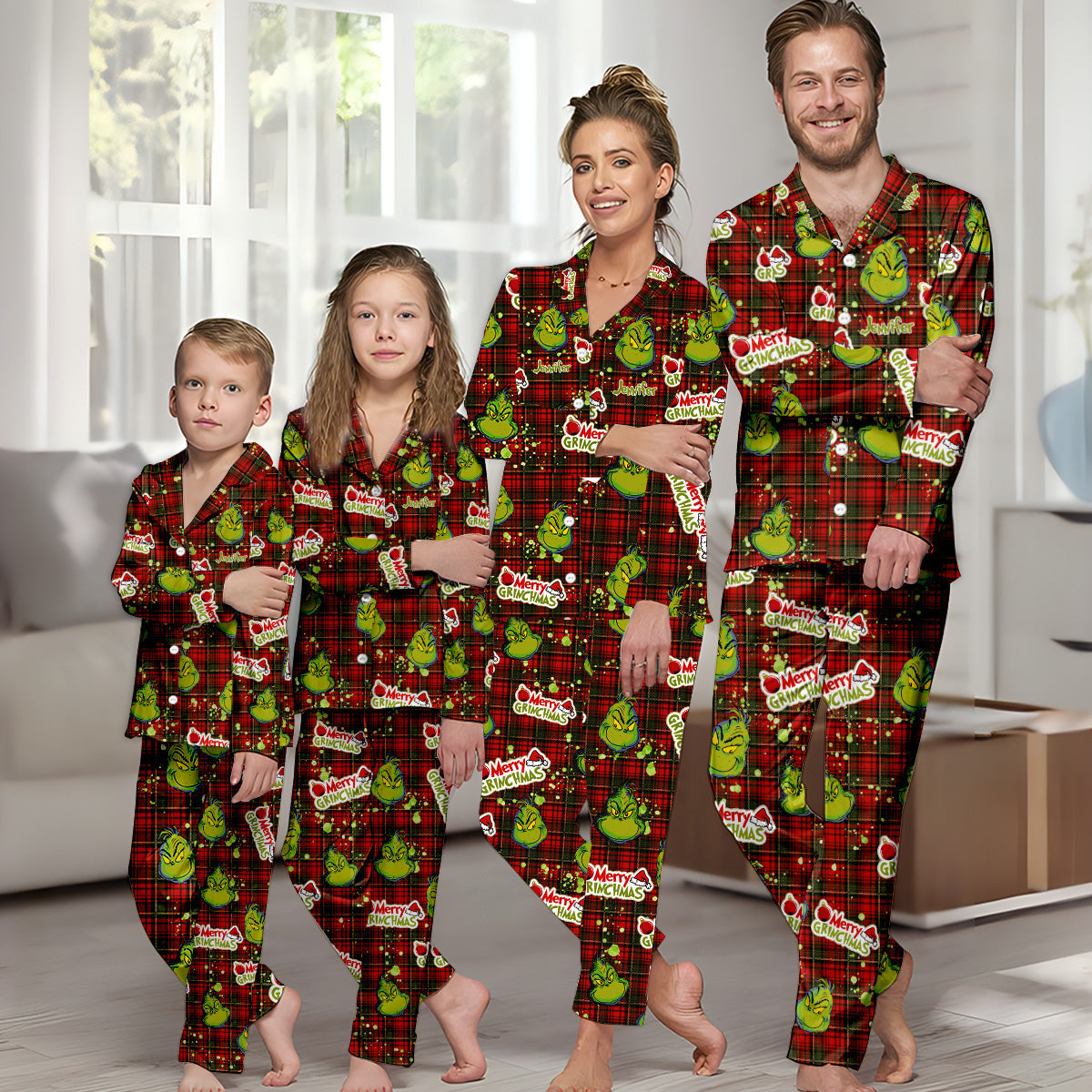 Personalized Merry Grinchmas Button Down Pajamas for Couples