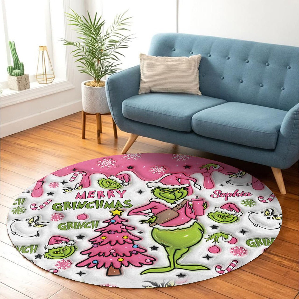 Personalized Grinchmas Round Rug Custom Name Christmas Decor