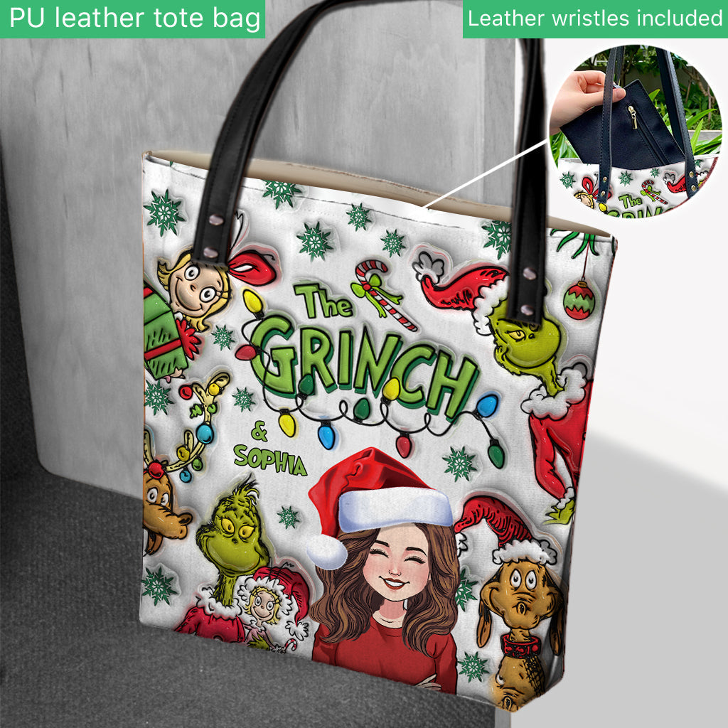 Personalized Grinch Tote Bag Custom Name Gift for Christmas