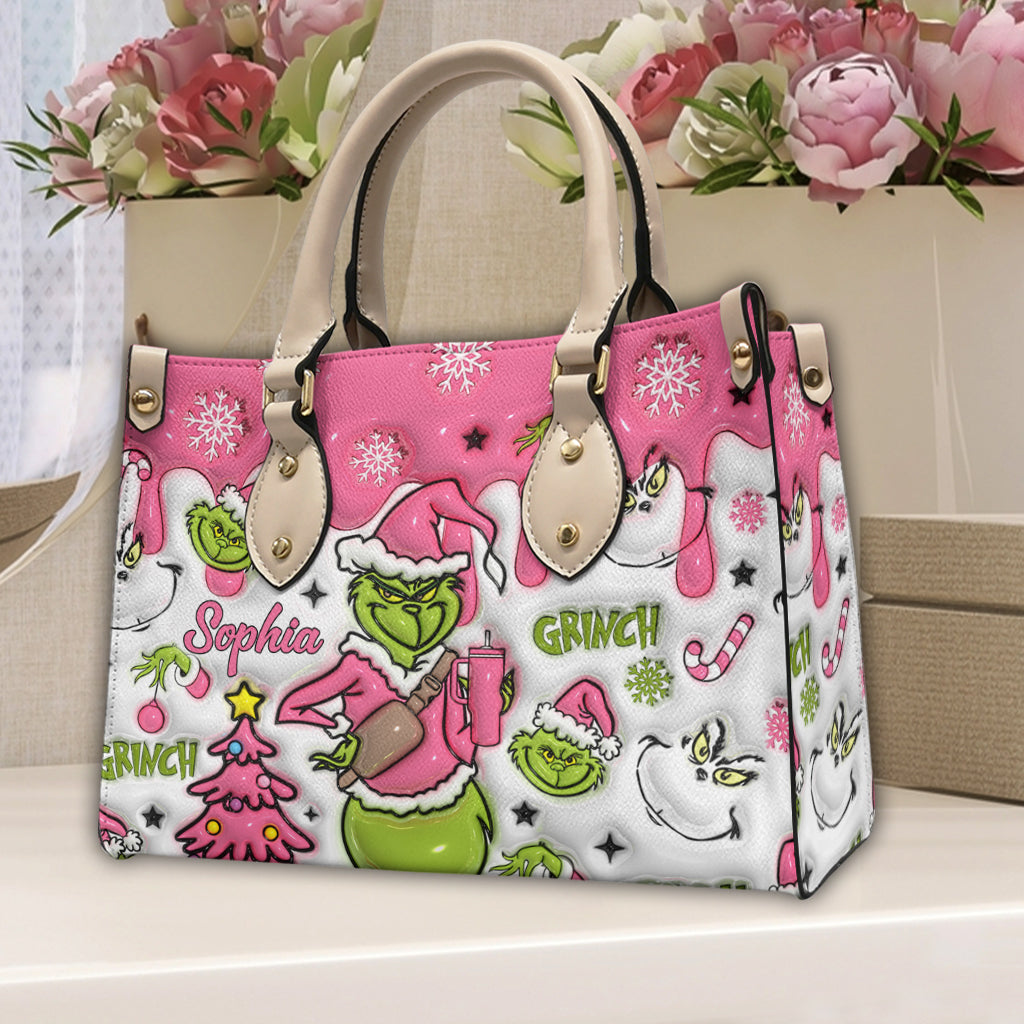 Personalized Leather Handbag with Grinch Design for Women - Custom Name Gift