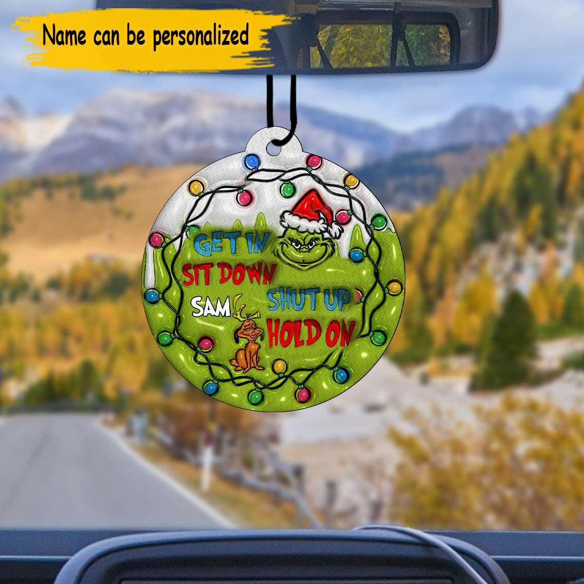 Personalized Grinch Circle Air Freshener Custom Name Gift for Christmas