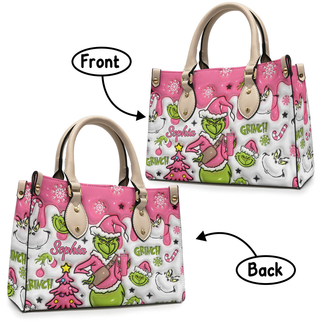 Personalized Leather Handbag with Grinch Design for Women - Custom Name Gift