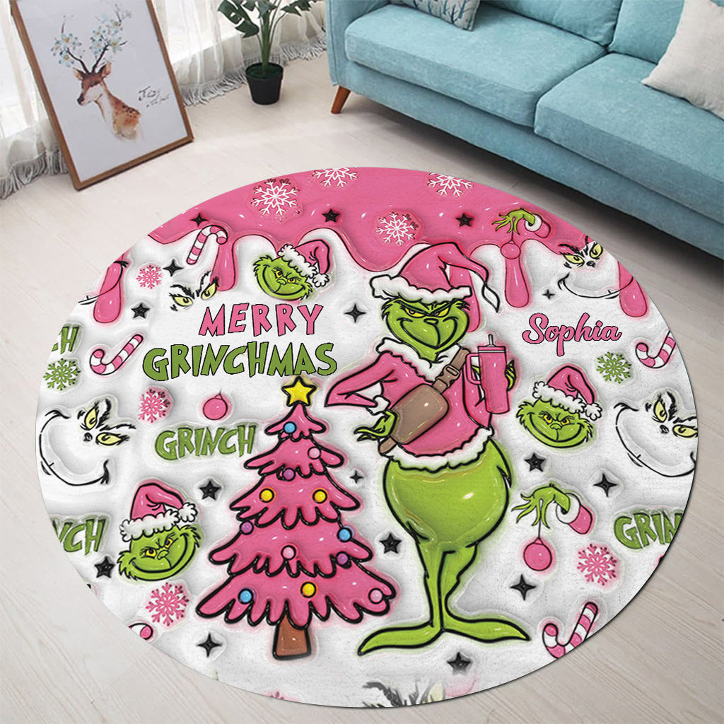 Personalized Grinchmas Round Rug Custom Name Christmas Decor