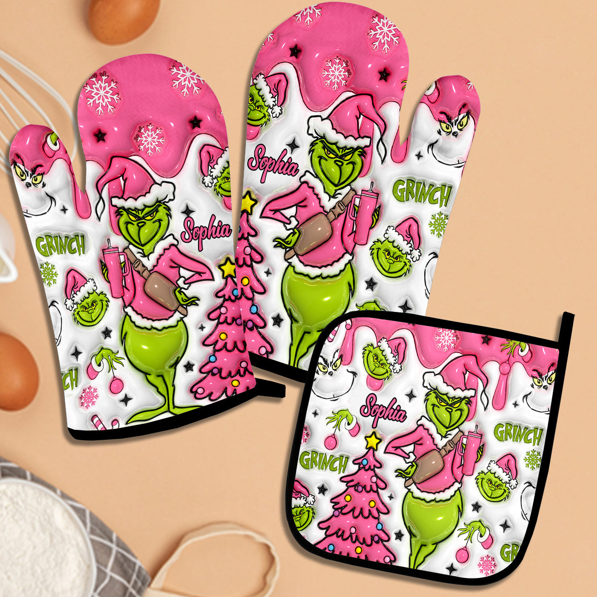 Personalized Merry Grinchmas Oven Mitts & Pot Holder Set for Christmas
