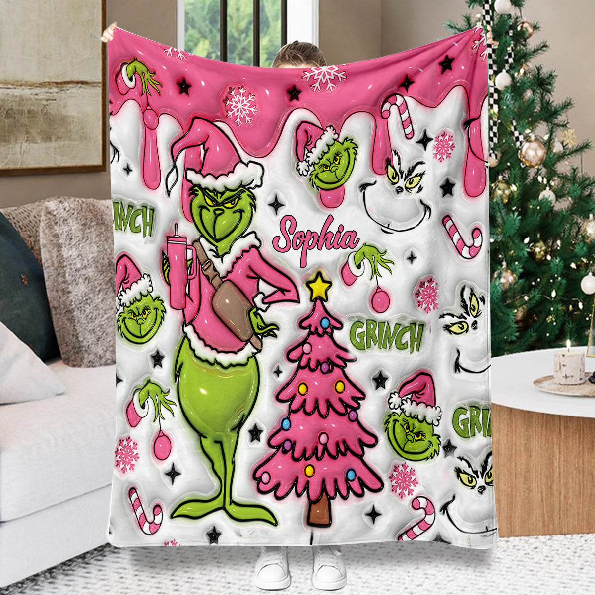Personalized Snowflakes Grinch Blanket Custom Name Gift for Christmas