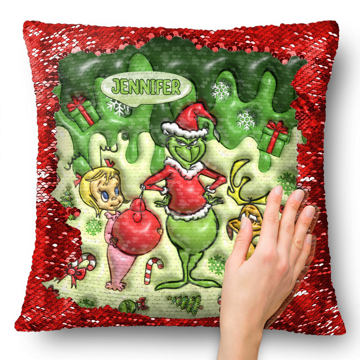 Personalized Sequin Pillow Cover with Grinch Design for Christmas Gift