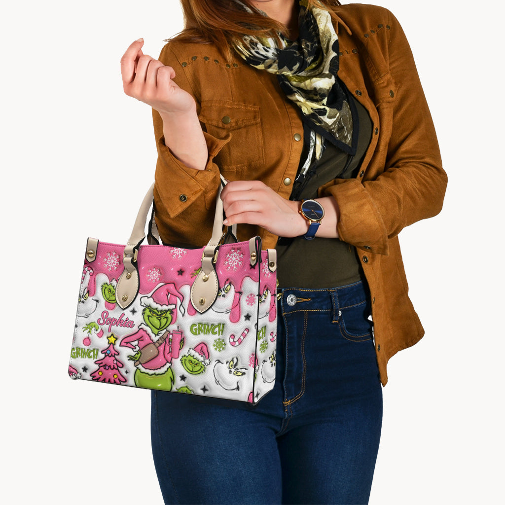 Personalized Leather Handbag with Grinch Design for Women - Custom Name Gift