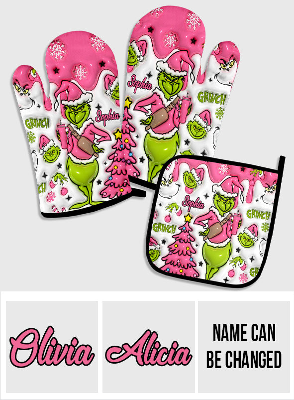 Personalized Merry Grinchmas Oven Mitts & Pot Holder Set for Christmas
