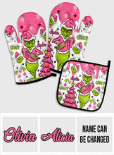Load image into Gallery viewer, Personalized Merry Grinchmas Oven Mitts &amp; Pot Holder Set for Christmas
