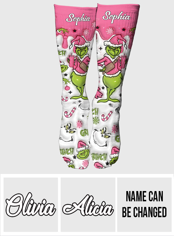 Personalized Grinch Socks Custom Name Holiday Gift for Her