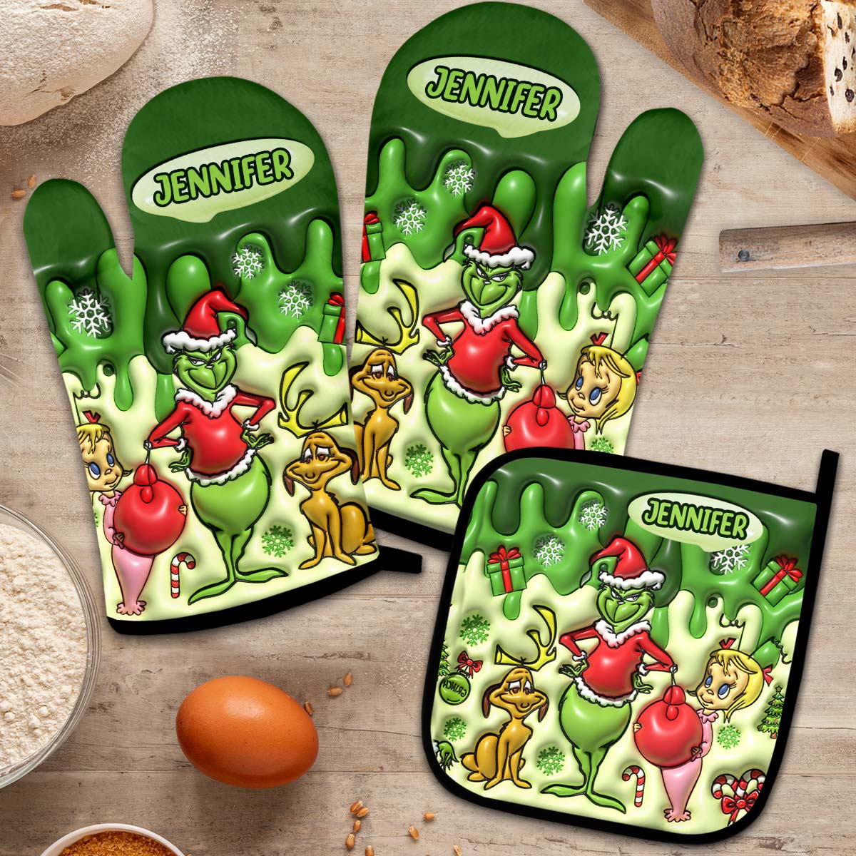 Personalized Grinch Christmas Oven Mitts & Pot Holder Set Gift for Family