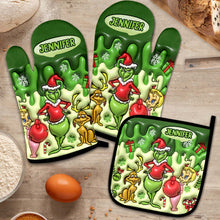 Load image into Gallery viewer, Personalized Grinch Christmas Oven Mitts &amp; Pot Holder Set Gift for Family

