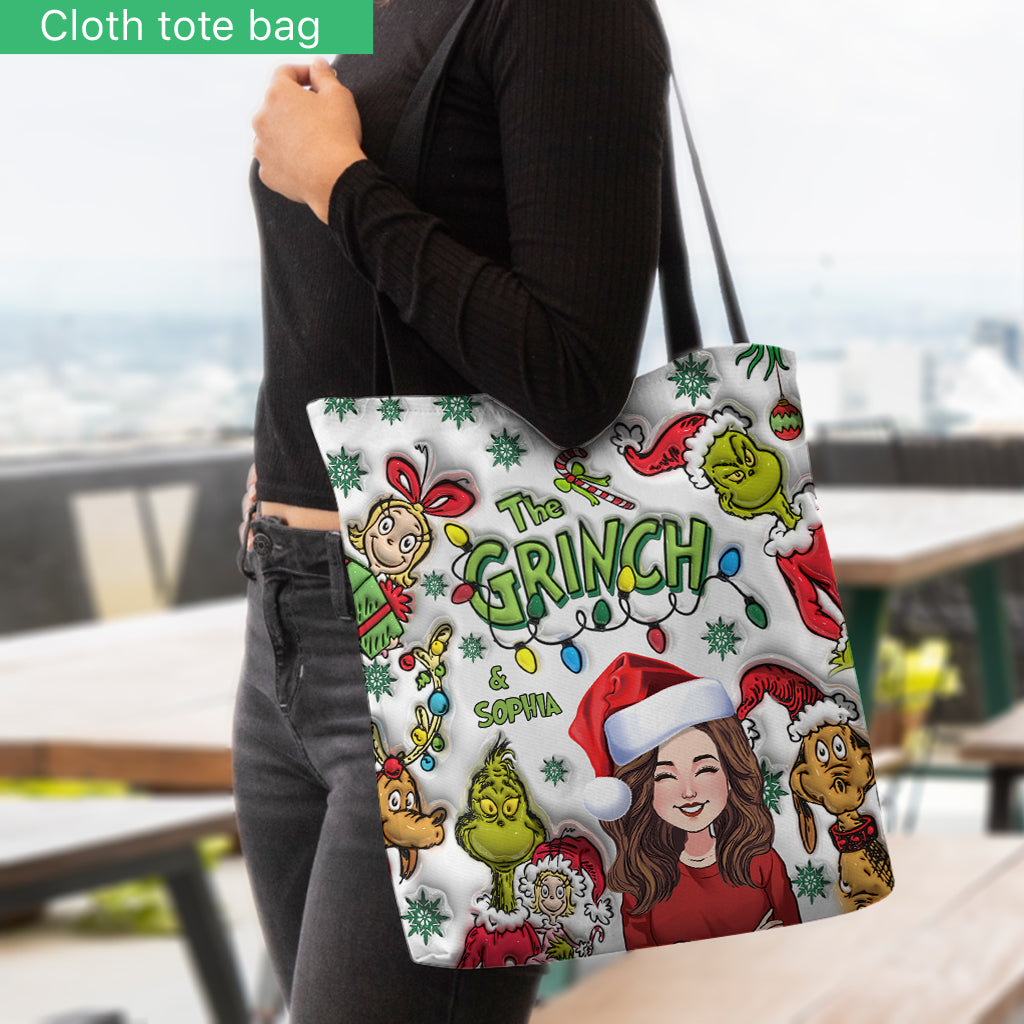 Personalized Grinch Tote Bag Custom Name Gift for Christmas