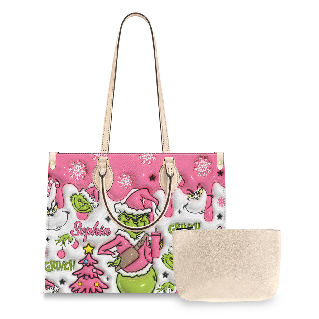 Personalized Leather Handbag with Grinch Design for Women - Custom Name Gift
