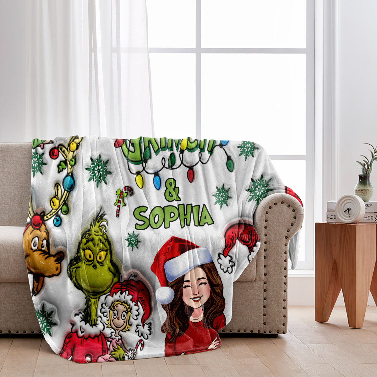 Personalized Grinch Christmas Blanket Custom Name Gift