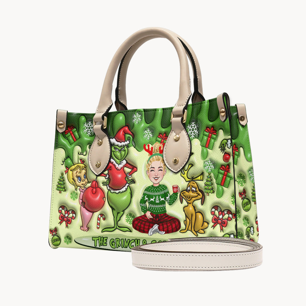 Personalized Grinch Theme Leather Handbag for Christmas Gift
