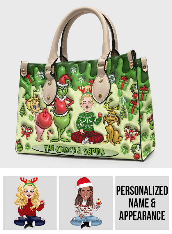 Personalized Grinch Theme Leather Handbag for Christmas Gift