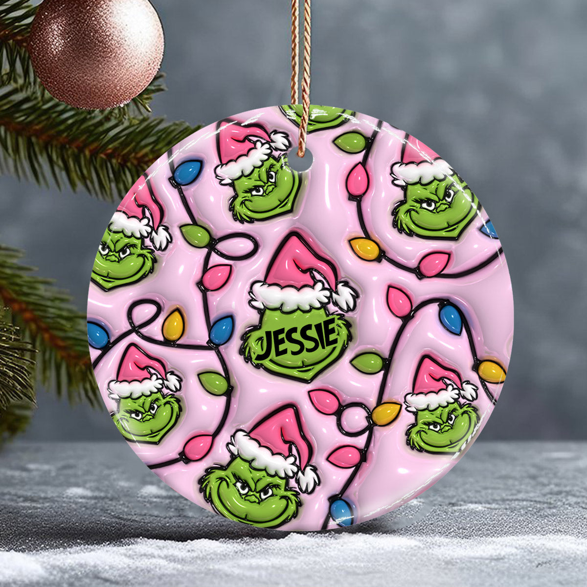Personalized Grinch Christmas Ceramic Circle Ornament for Kids