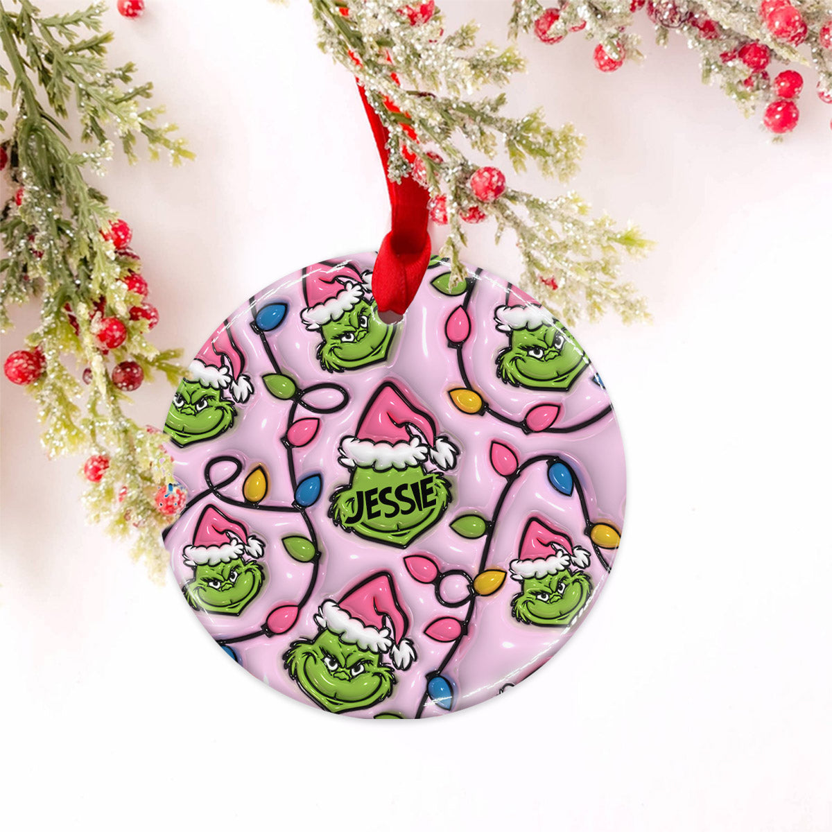 Personalized Grinch Christmas Ceramic Circle Ornament for Kids
