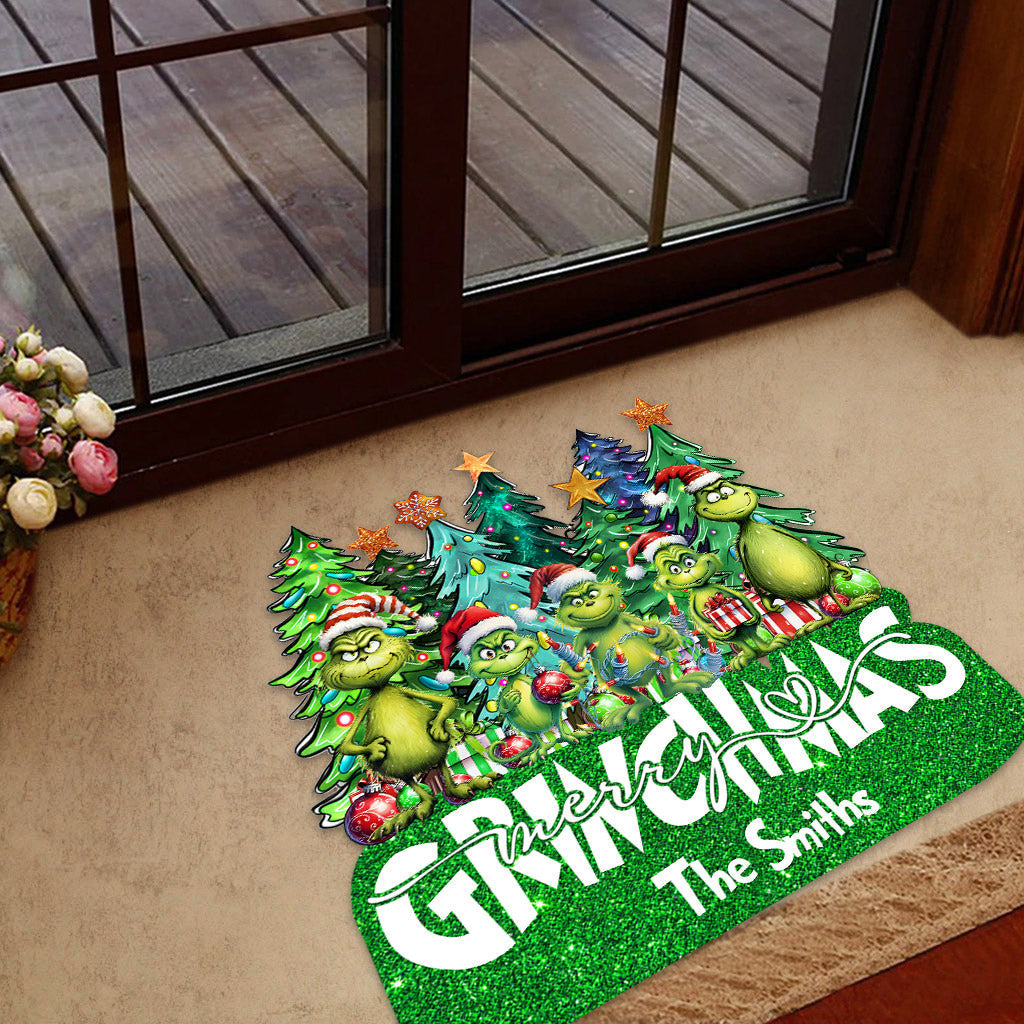 Personalized Merry Grinchmas Shaped Doormat Custom Family Name Holiday Decor