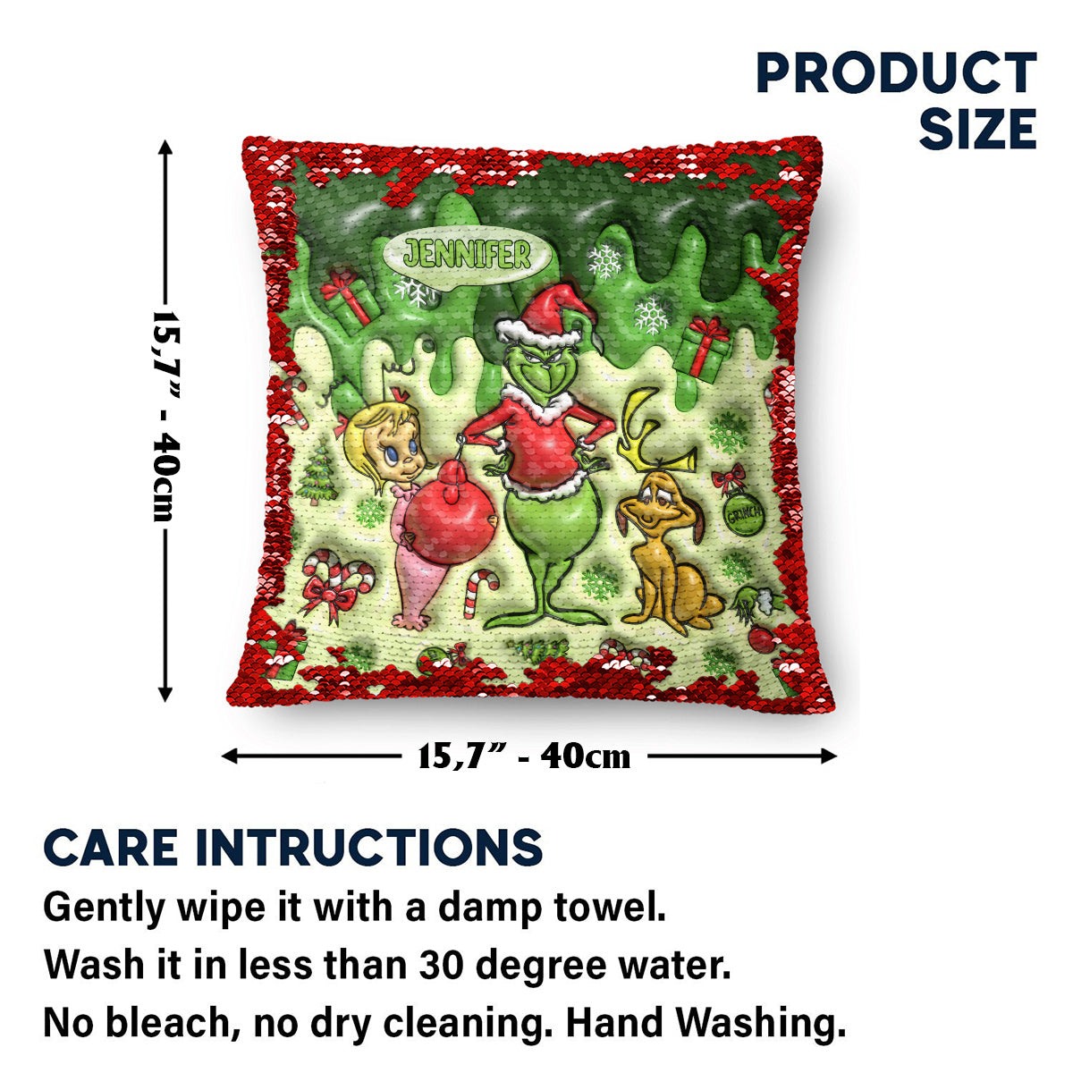 Personalized Sequin Pillow Cover with Grinch Design for Christmas Gift