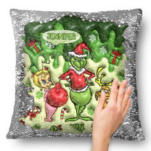 Load image into Gallery viewer, Personalized Sequin Pillow Cover with Grinch Design for Christmas Gift
