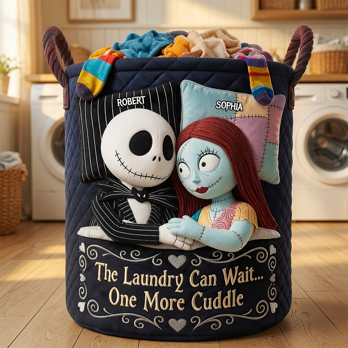 Personalized Quilted Laundry Basket with Fun Cuddle Quote for Couples