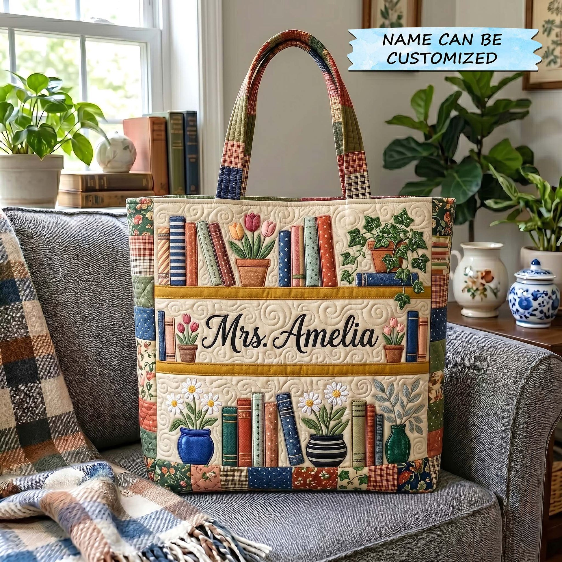 Personalized Quilted Tote Bag with Floral Bookshelf Design Gift for Teacher