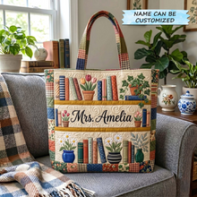 Load image into Gallery viewer, Personalized Quilted Tote Bag with Floral Bookshelf Design Gift for Teacher
