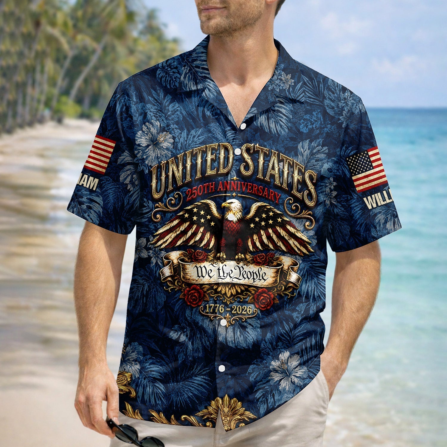 Custom Name Hawaiian Shirt Patriotic Eagle USA 250th Gift