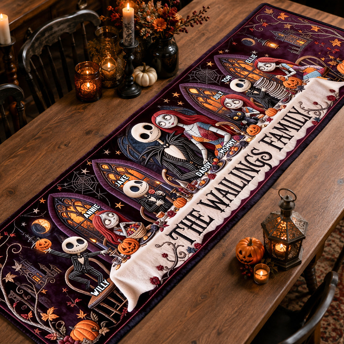 Personalized Spooky Family Quilt Table Runner Unique Fall Decor