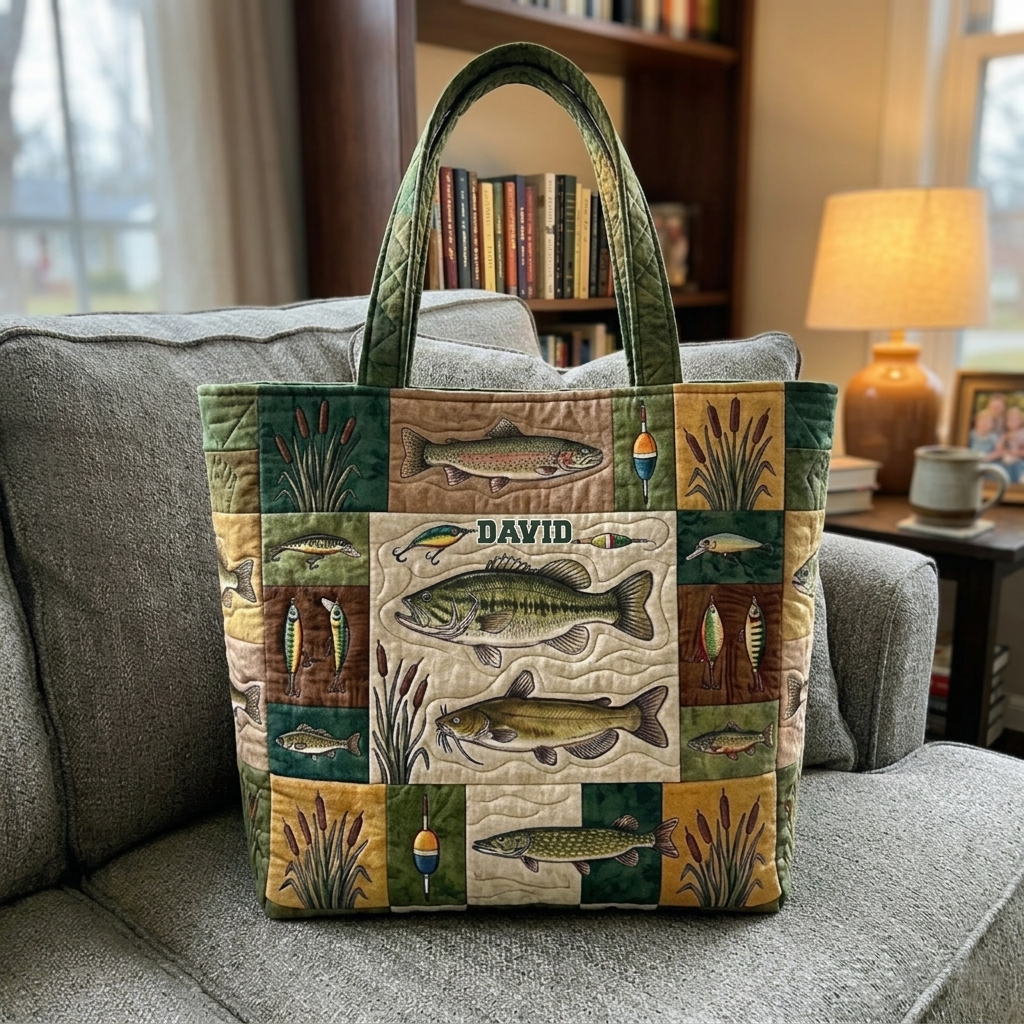 Personalized Fishing Patchwork Quilted Tote Bag Gift for Him