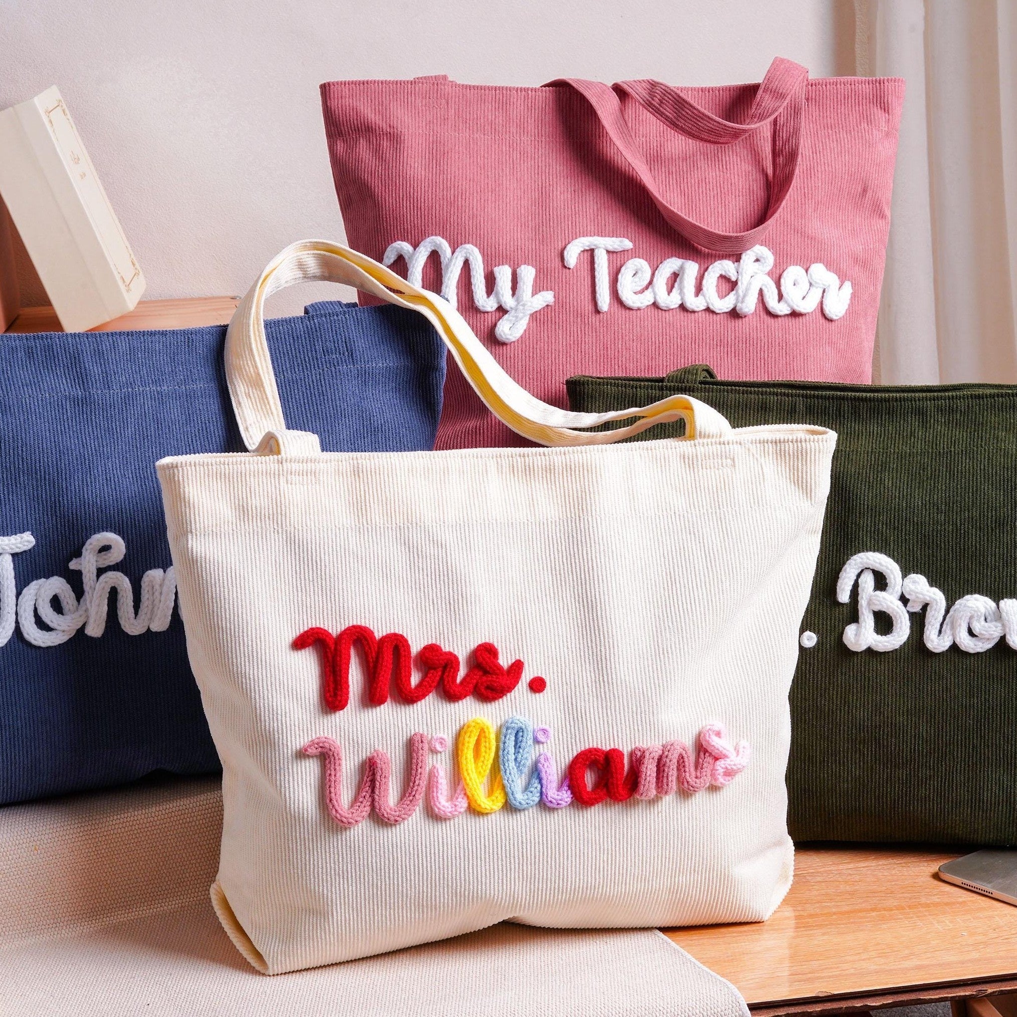 Personalized Corduroy Yarn Tote Bag Teacher Gift Custom Name