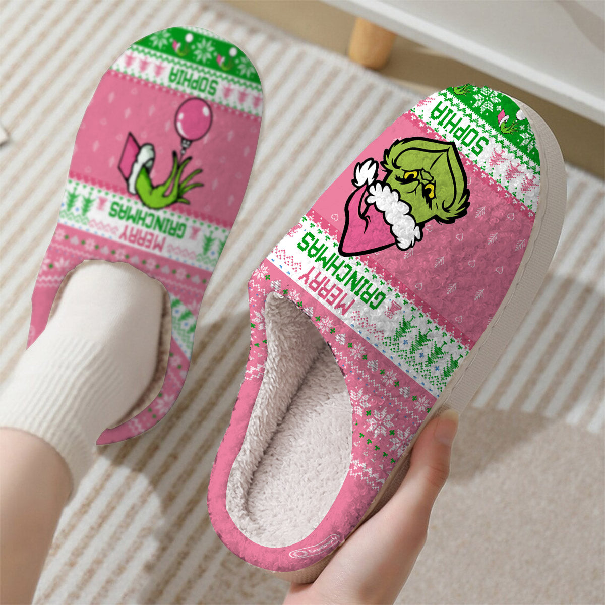 Personalized Merry Grinchmas Slippers Custom Name Holiday Gift