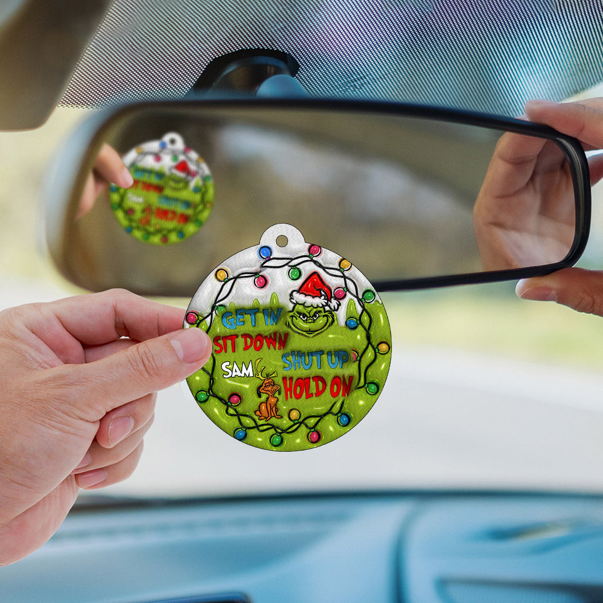 Personalized Grinch Circle Air Freshener Custom Name Gift for Christmas
