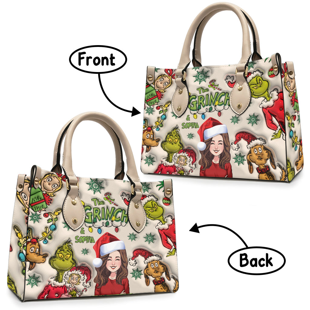Customized Grinch Pattern Leather Handbag for Women - Unique Gift