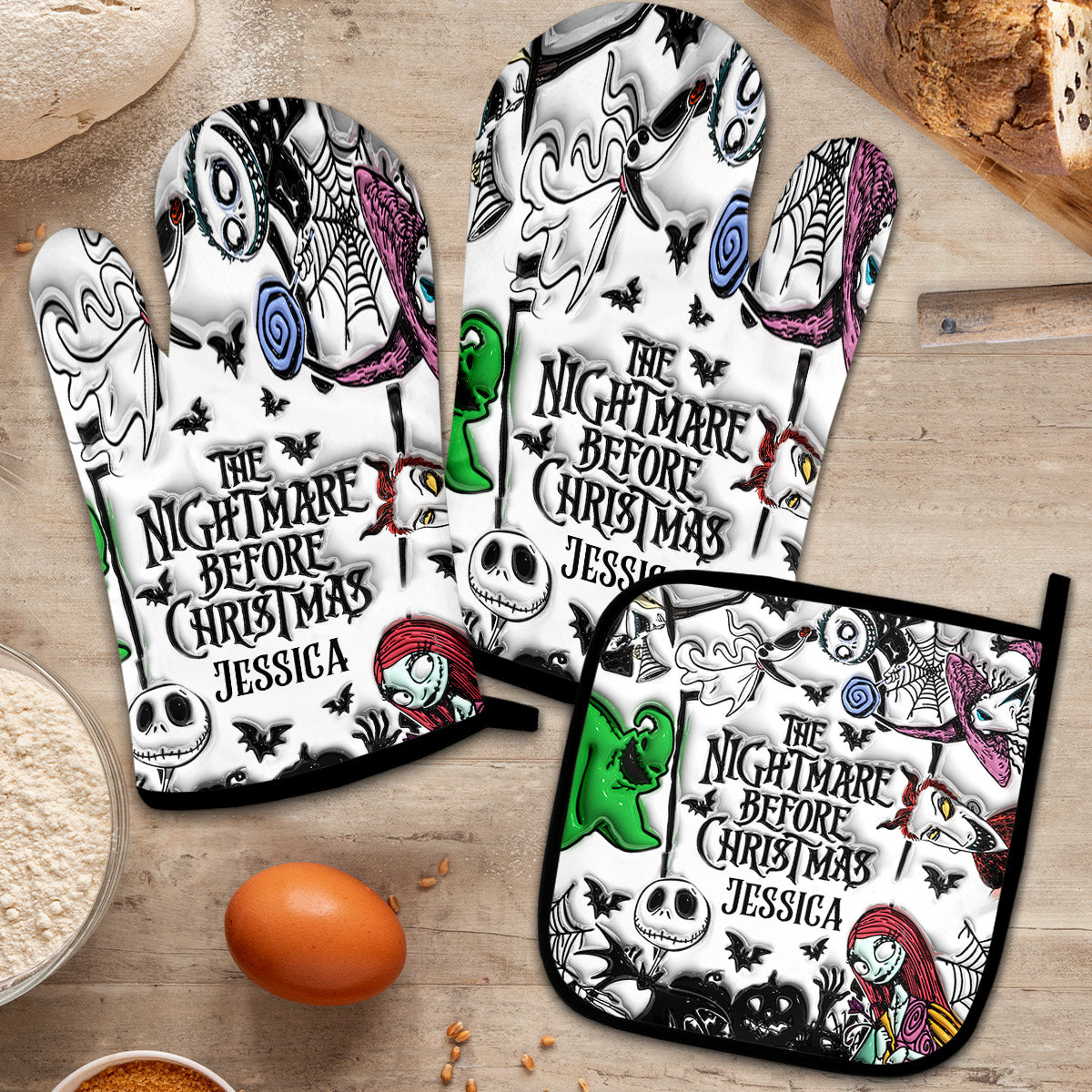 Personalized Nightmare Before Christmas Oven Mitts & Pot Holder Set Gift Idea